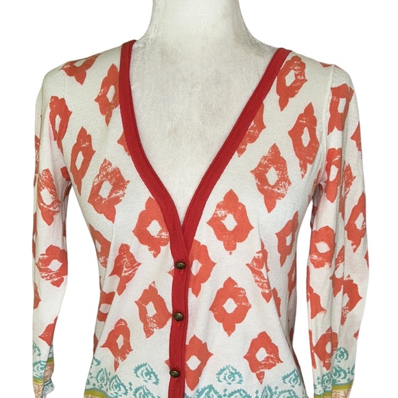 Anthropologie Moth Karnali Ikat Geometric 3/4 Sleeve Cotton Crop Cardigan - S - Picture 2 of 12